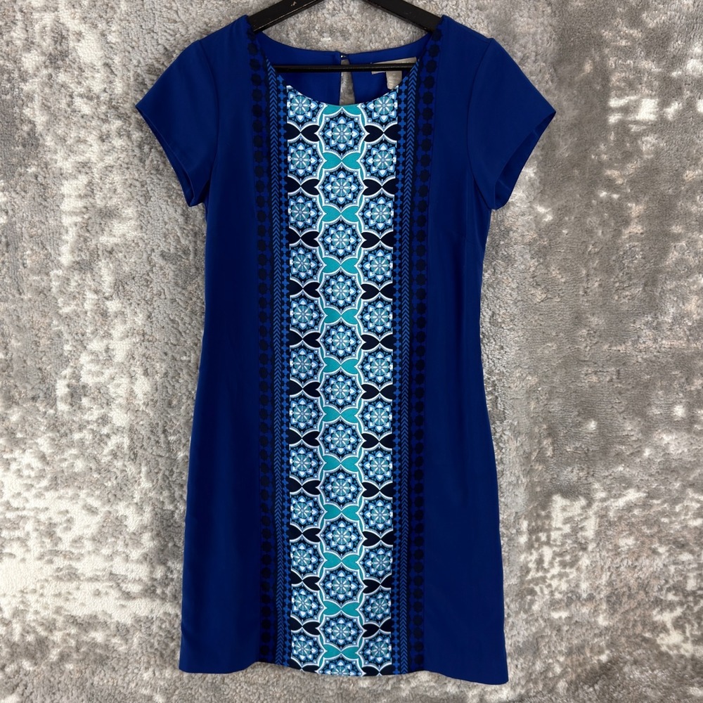 Banana Republic Size 0 Geometric Mini Sheath Dress‎ Blue Short Sleeve Casual Zip